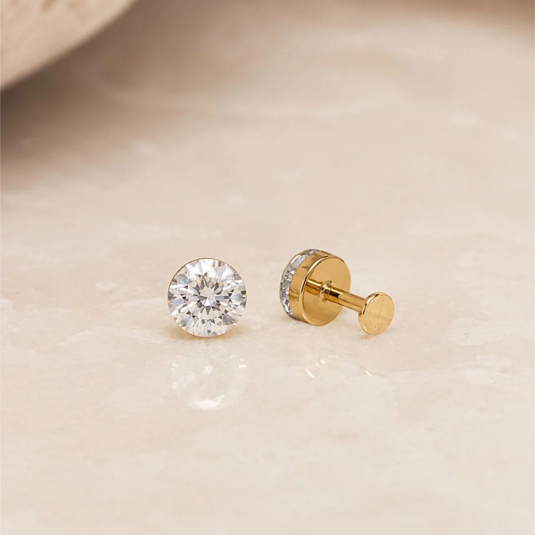 Yellow Gold Round Lab Grown Diamond Flat Back Earring - Image 6