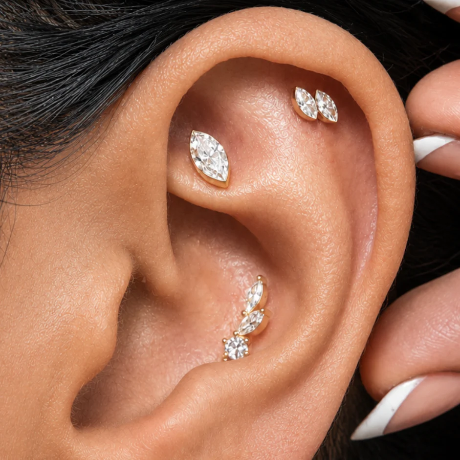 Yellow Gold Dual Marquise Lab Grown Diamond Flat Back Earring - Image 3
