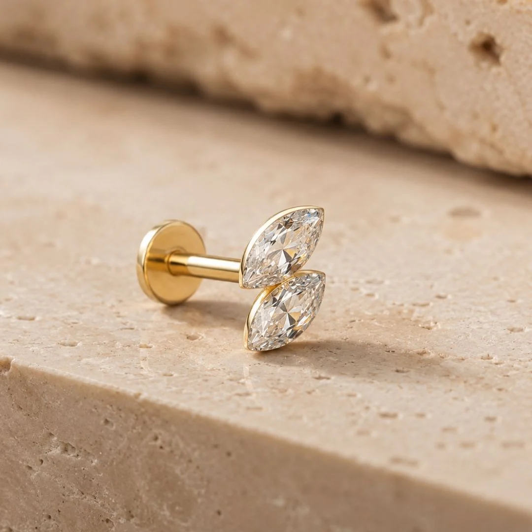 Yellow Gold Dual Marquise Lab Grown Diamond Flat Back Earring - Image 4