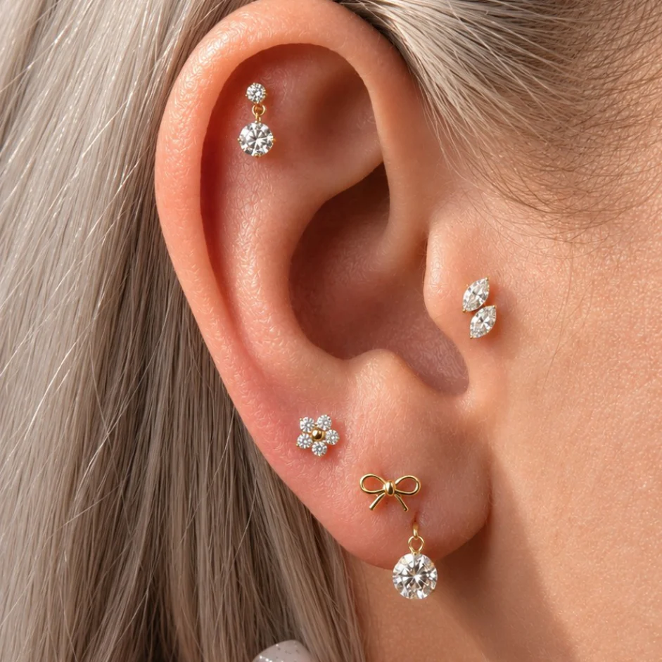 Yellow Gold Diamond Flower Flat Back Stud Earring - Image 6