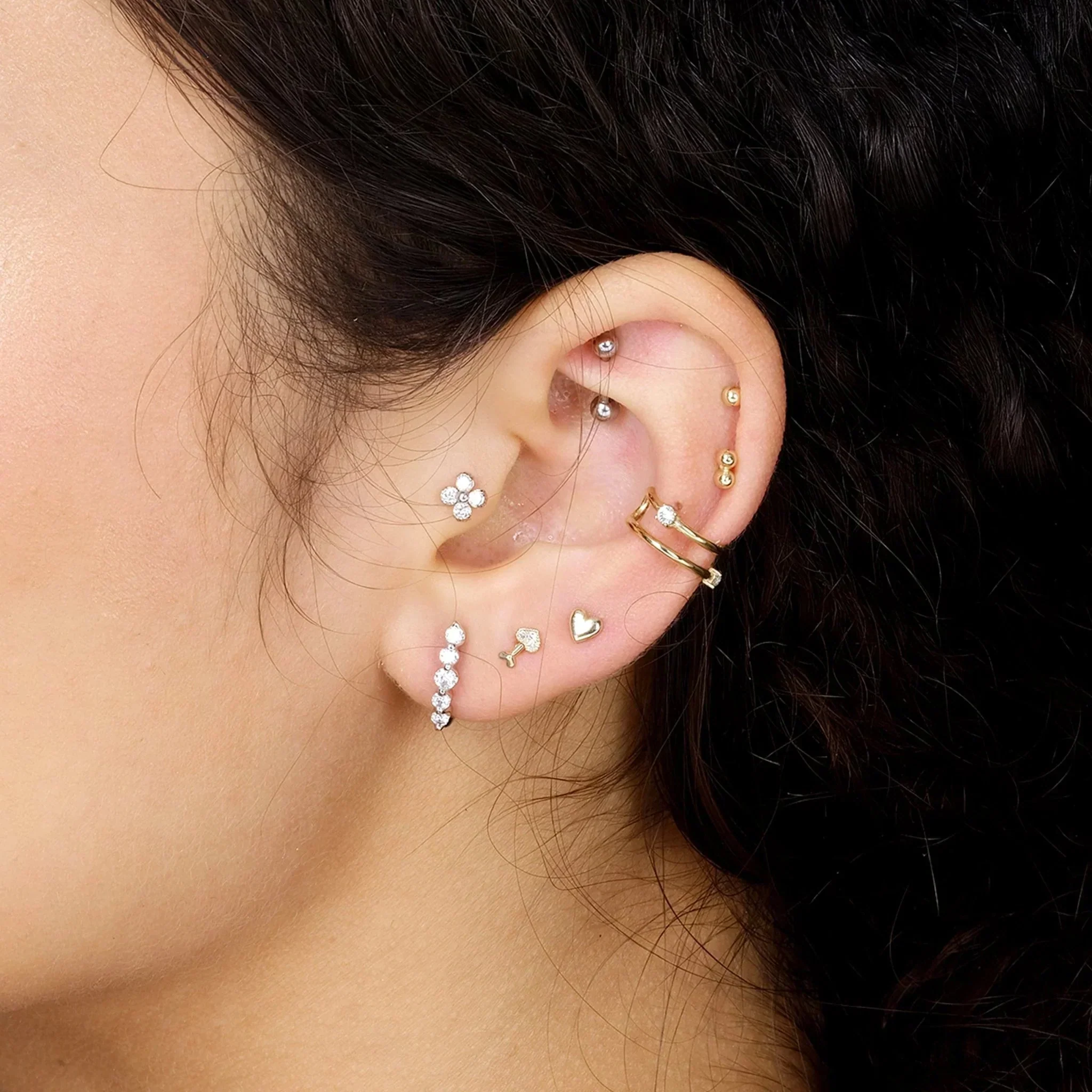 Yellow Gold Heart Threaded Flat Back Stud Earring - Image 6