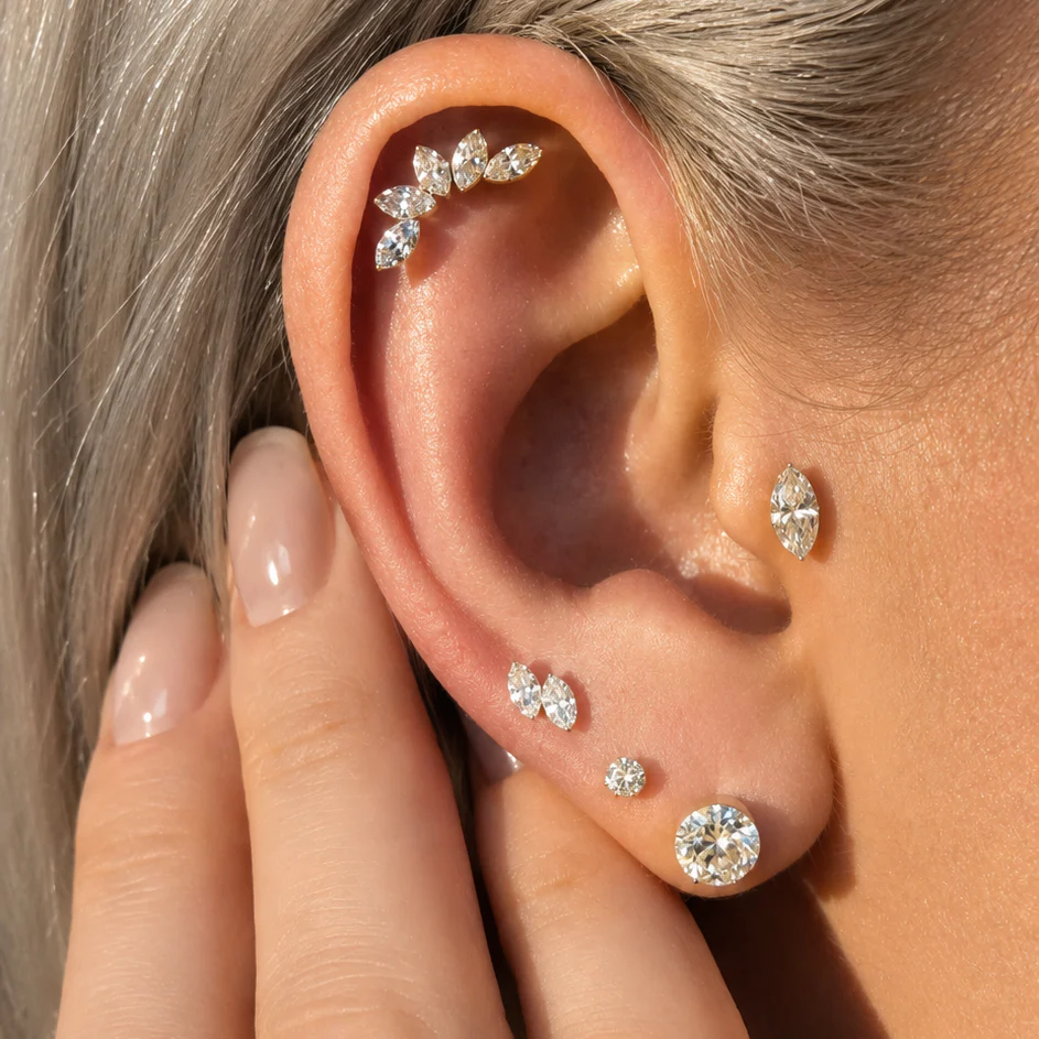 Yellow Gold Marquise Lab Grown Diamond Flat Back Earring - Image 3