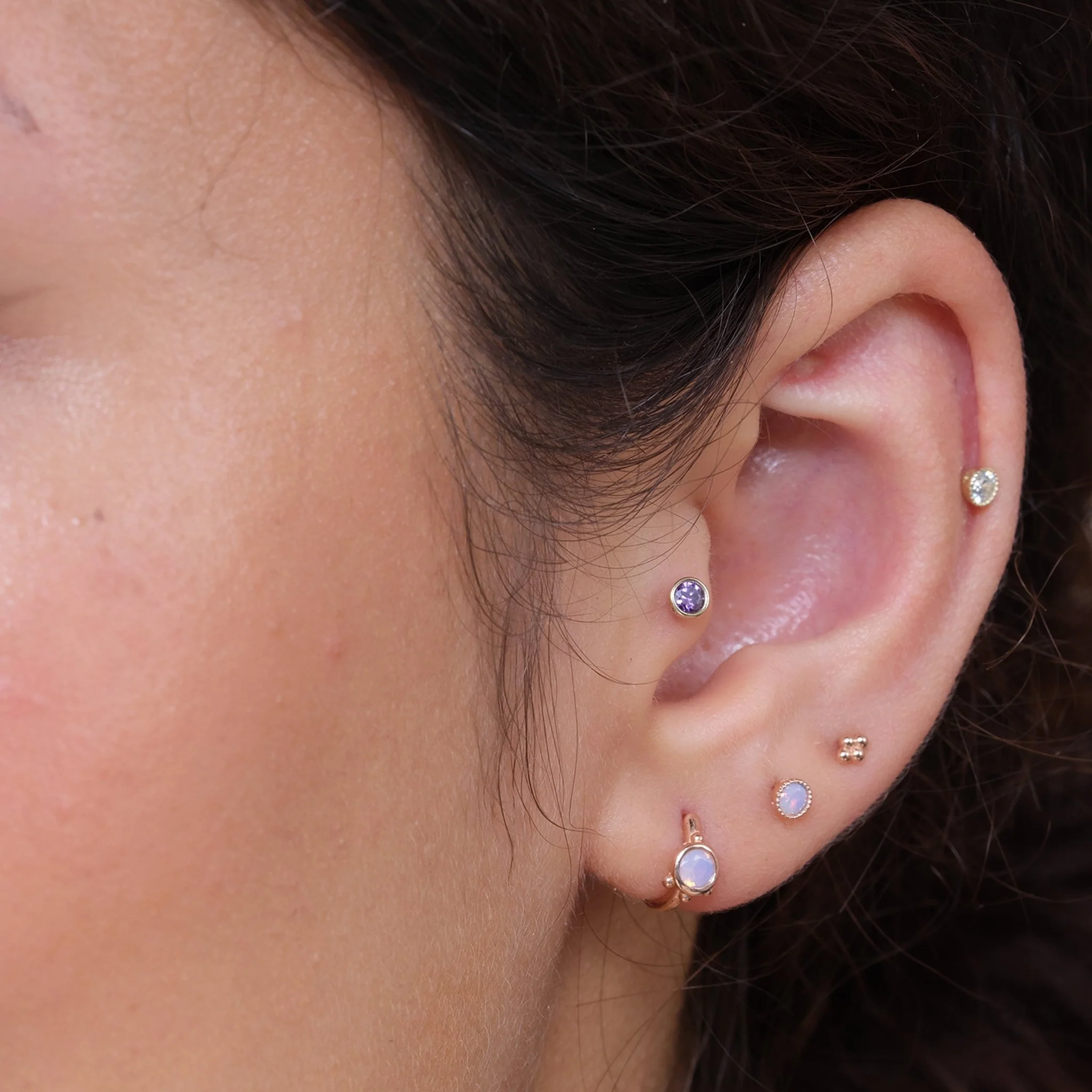 Rose Gold Pink Opal Huggie Hoop - Image 11
