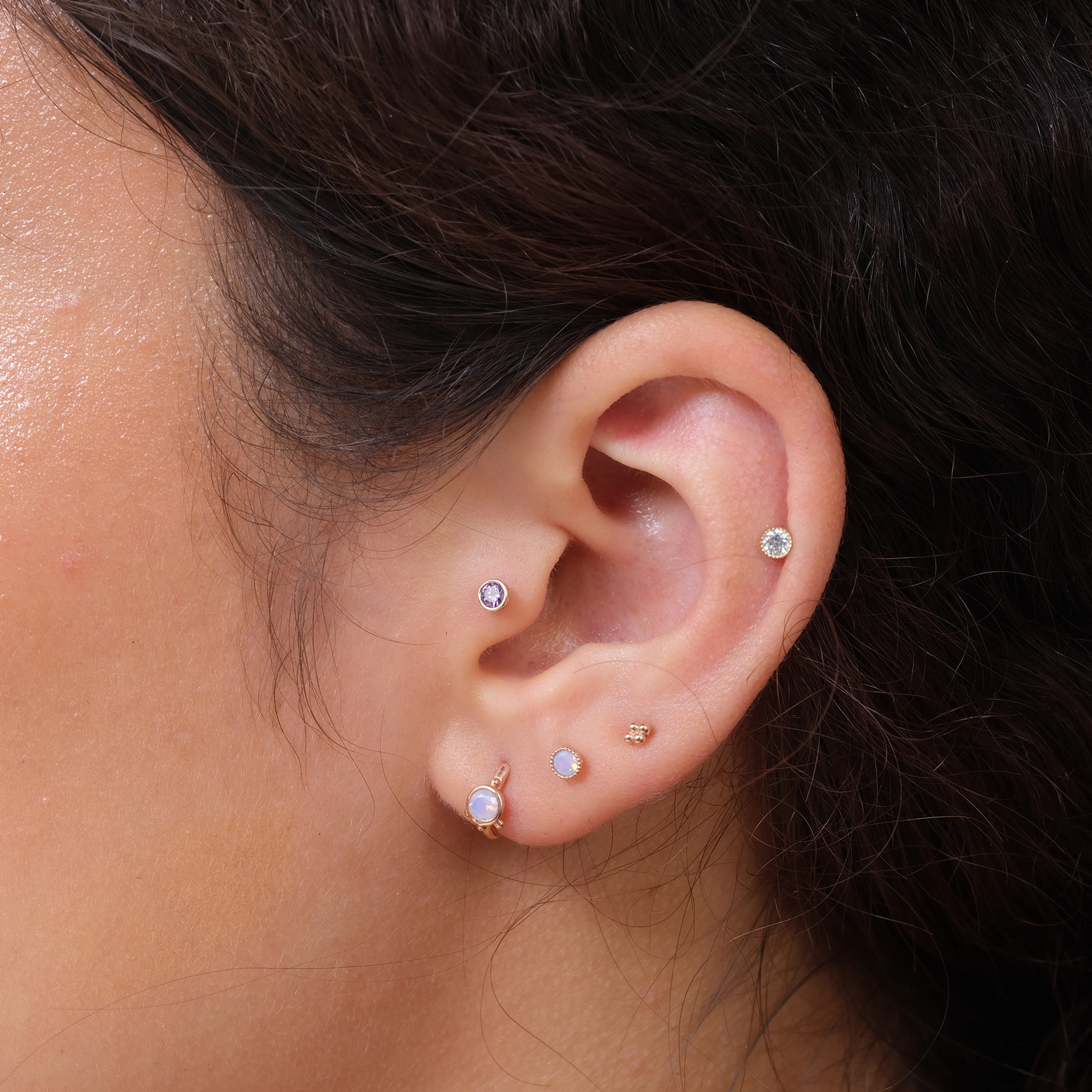 Rose Gold Pink Opal Huggie Hoop - Image 3