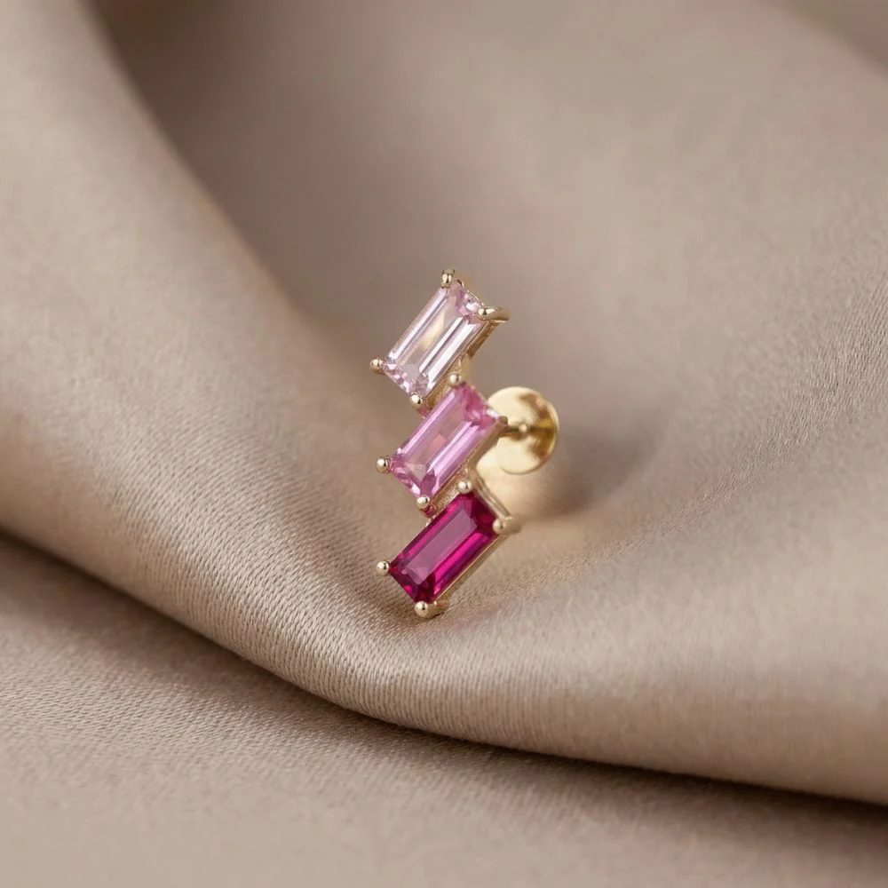 Yellow Gold Pink Baguette Crawler Flat Back Stud - Image 2