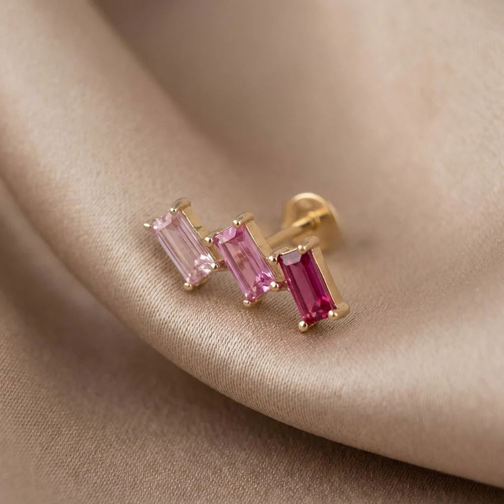 Yellow Gold Pink Baguette Crawler Flat Back Stud - Image 4