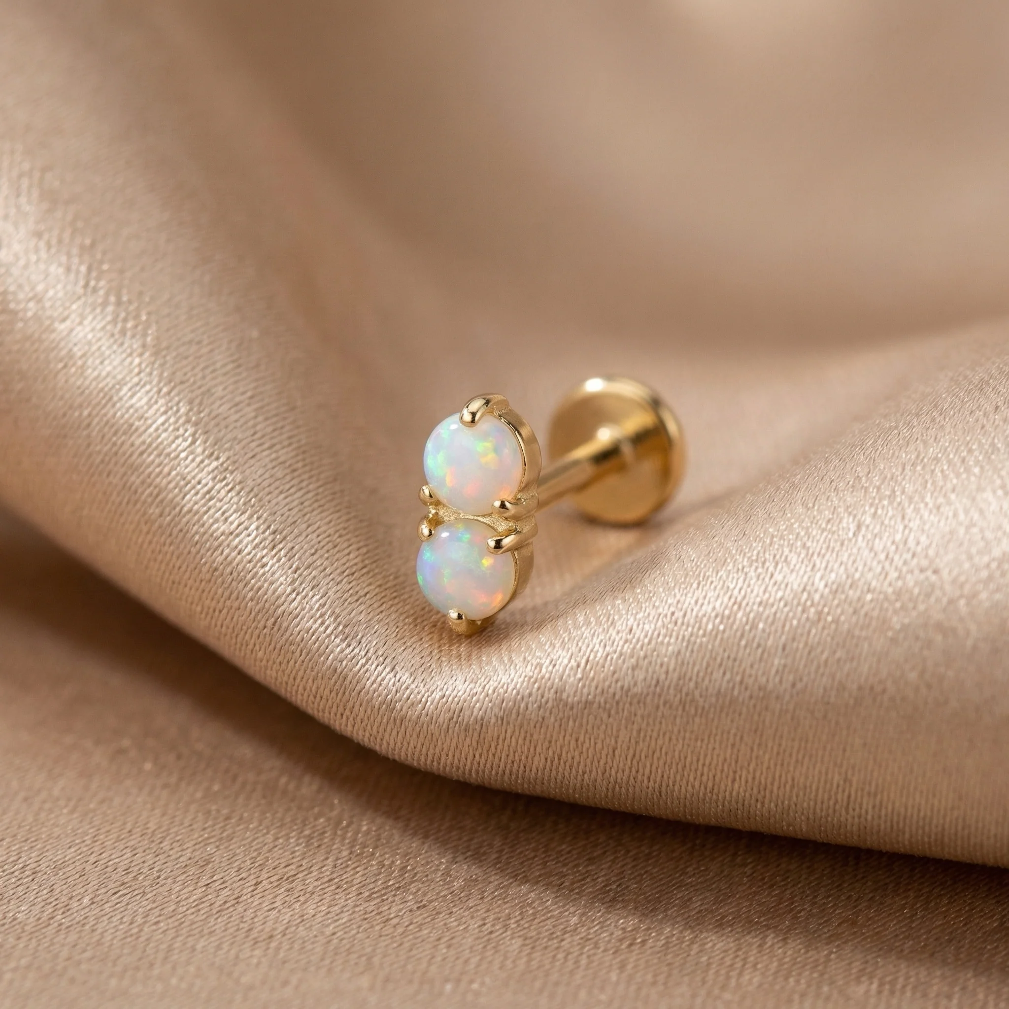 Yellow Gold Two Stone Opal Flat Back Stud Earring - Image 5